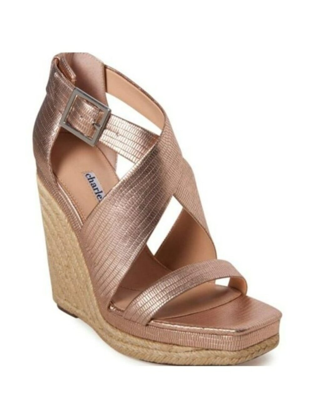 Charles David Esper Metallic Rose Embossed Leather Espadrille Wedge Sandal, NIB